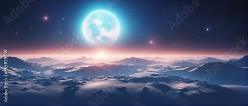 Wide-angle shot of an alien planet landscape. Breathtaking panorama of a frost snowy planet with strange rock formations. Fantastic extraterrestrial landscape. Sci-fi wallpaper.