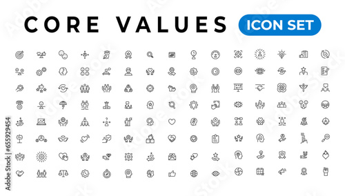 Core value icon banner collection. Containing innovation, goals, responsibility, integrity, customers, commitment, quality, teamwork, reliability and inclusion. Vector solid collection of icons