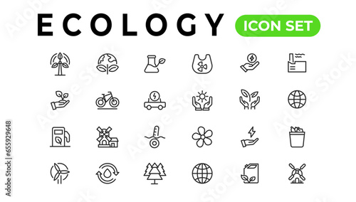 Ecology line icons set. Renewable energy outline icons collection. Solar panel, recycle, eco, bio, power, water - stock vector