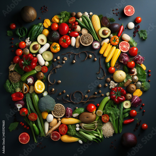 Top view of fresh vegetables, fruits, and legumes on a black background, healthy food concept
