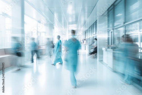 Medical personnel walked in the hospital background in a hurry with motion blur. Health care and people concept.