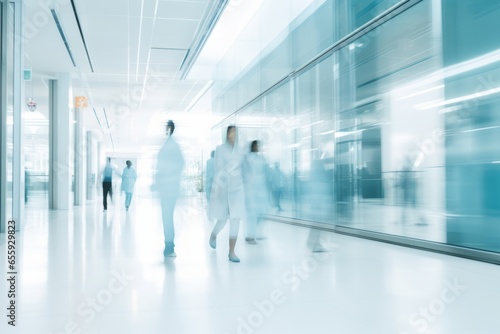 Medical personnel walked in the hospital background in a hurry with motion blur. Health care and people concept.