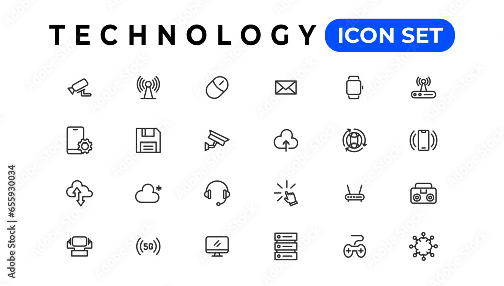 Technology Outline vector icons in line style. Computer monitor, smartphone, tablet and laptop. Vector illustration. Technology Outline vector icons in line style. Computer monitor, smartphone, tablet and laptop. Vector illustration.