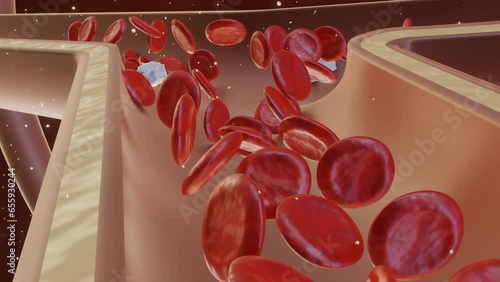 close up Y-shaped junction in blood capillary in healthy red blood cells and white blood cells flow 3d rendering photo
