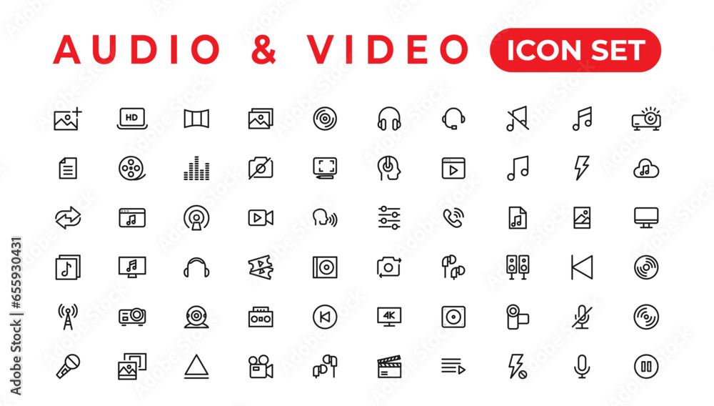 Audio Video Icons Pack. Thin line icons set. Flat icon collection set. Simple vector icons