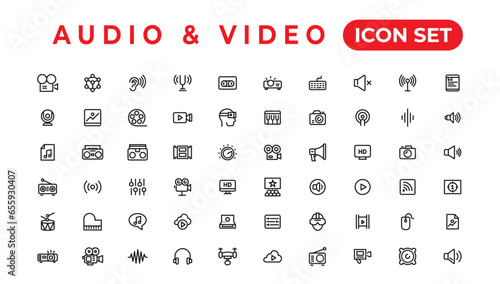 Audio Video Icons Pack. Thin line icons set. Flat icon collection set. Simple vector icons