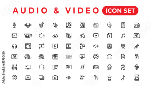 Audio Video Icons Pack. Thin line icons set. Flat icon collection set. Simple vector icons