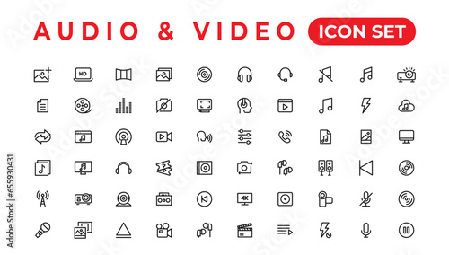 Audio Video Icons Pack. Thin line icons set. Flat icon collection set. Simple vector icons