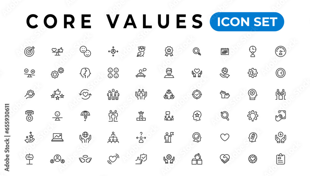 Core value icon banner collection. Containing innovation, goals, responsibility, integrity, customers, commitment, quality, teamwork, reliability and inclusion. Vector solid collection of icons