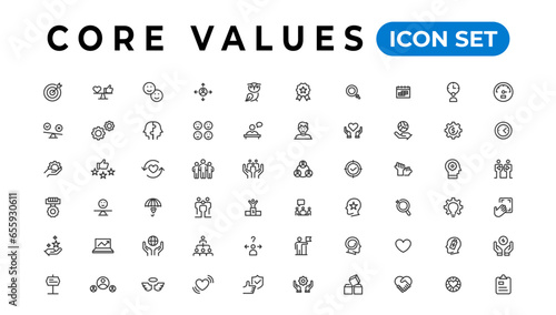 Core value icon banner collection. Containing innovation, goals, responsibility, integrity, customers, commitment, quality, teamwork, reliability and inclusion. Vector solid collection of icons