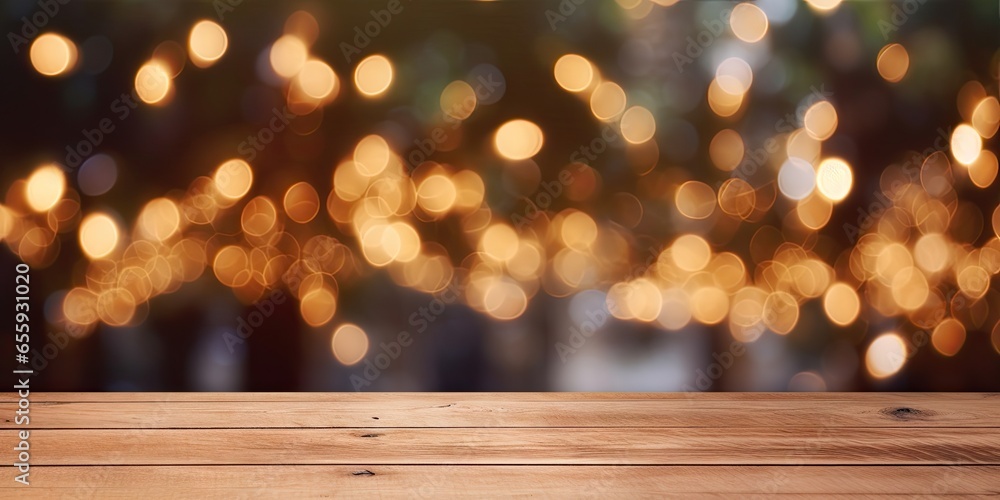 Golden christmas elegance. Bokeh background. Festive delights. Empty wooden table setting. Shining through on holiday. Abstract wood and gold. Party ambiance