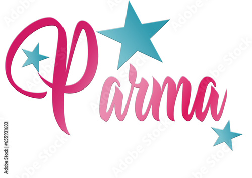 Parma -city ​​name -word - Vector Graphics with stars - blue and pink color -ideal for websites, presentations, greetings, banners, cards, t-shirt, sweatshirt, prints, mug, Sublimation, Cricut