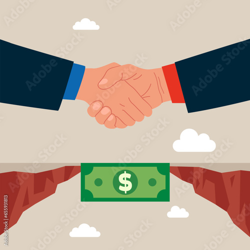 Bridging economy gap assisting business people to overcome financial difficulties. Flat vector illustration