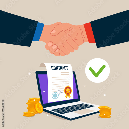 Business people signing agreement, contract online. Digital signature. Flat vector illustration