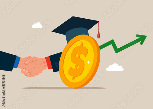 Tuition fees, scholarship. Big dollar coin wearing academic graduation mortarboard hat. Vector illustration