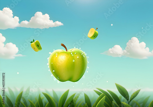 Green apples flying in the air over grass 