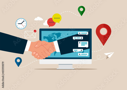 Handshake, via screen computer. Online conclusion of the transaction, the opening of a new startup. Vector illustration.