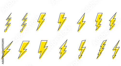 Lightning icons set. Thunder and Bolt. Flash icon. Lightning bolt. Black and yellow silhouette. Vector Illustration.