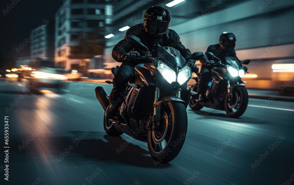 Bikers gang riding togehter, team of motorcycle drivers roaming at night
