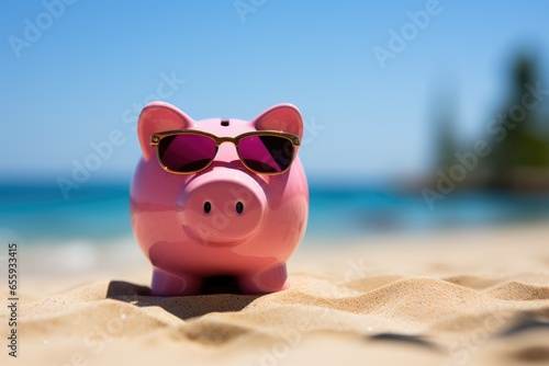 Pink Piggy Bank in Sunglasses with Sandy Beach