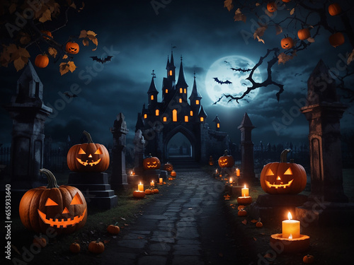 A Halloween scene with pumpkins and a haunted house