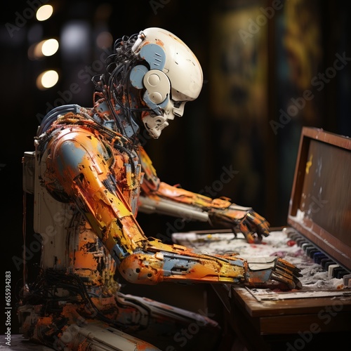 A robot with artificial intelligence creates a picture, modern art and painting performed by a machine. Concept: Illustration of applications for robotic creativity generation. photo