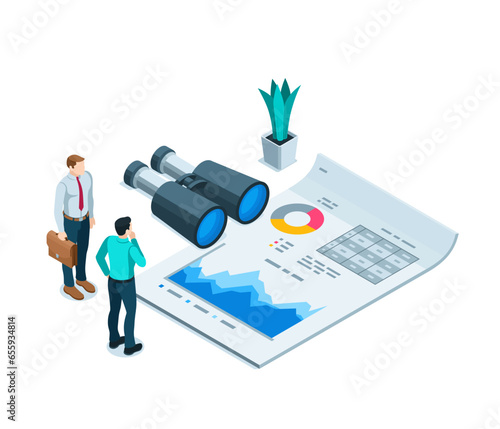 isometric business man with a binoculars near a document, in color on a white background, document work or teamwork