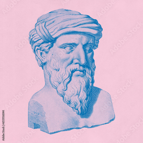 Ancient Greek Philosopher Halftone Illustration Pythagoras Geometry And Mathematician History   photo