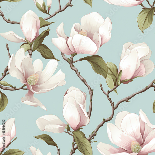 Beautiful seamless pattern of pink magnolia flowers ini white and pink tone on blue background photo
