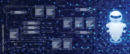 Digital technology flowchart of RPA platform on square binary transfer pattern concept vector. Robotic process automation, artificial intelligence illustration background.