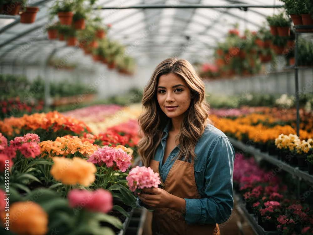 A girl working in a greenhouse growing flowers and plants