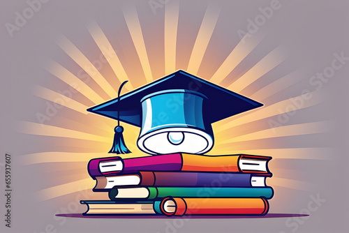 graduation cap and diploma with books photo