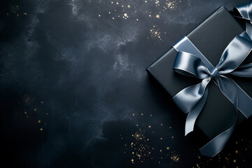 Dark blue gift box and Christmas decorations on dark background. Top view of greeting gift with copy space for Christmas present, holiday or birthday