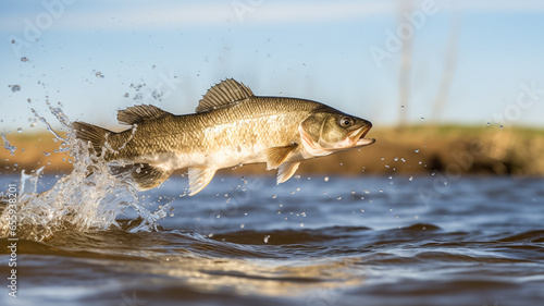 A Walleye fish jumps from river water. Fishing background.

