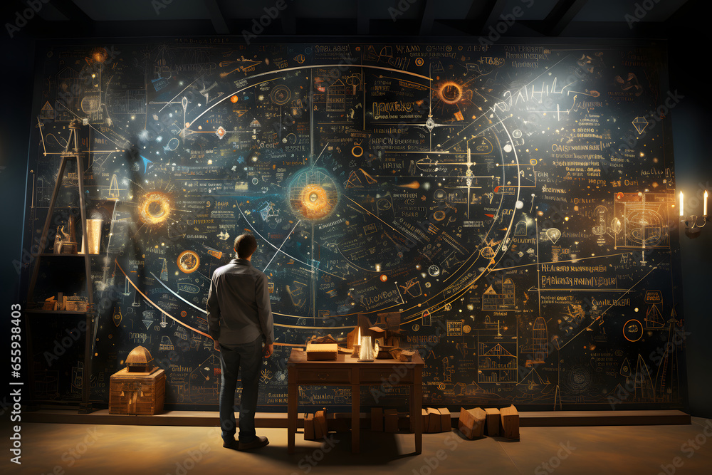 Chalkboard filled with equations and diagrams, review the concept of time travel. - obrazy, fototapety, plakaty 