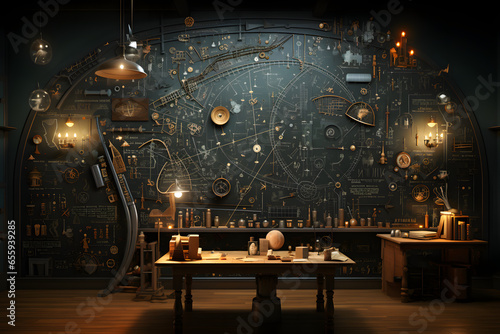 Chalkboard filled with equations and diagrams, review the concept of time travel. photo