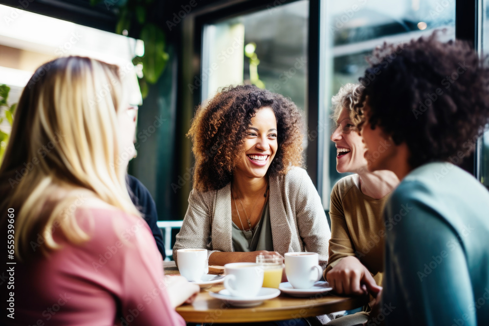 Happy smiling female friends sitting in a café laughing and talking during a lunch break Happy smiling female friends sitting in a café laughing and talking during a lunch break