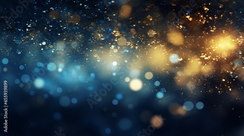 Abstract glitter lights background in blue, gold and black colors. Defocused bokeh effect. Banner for festive, celebration or party themes.