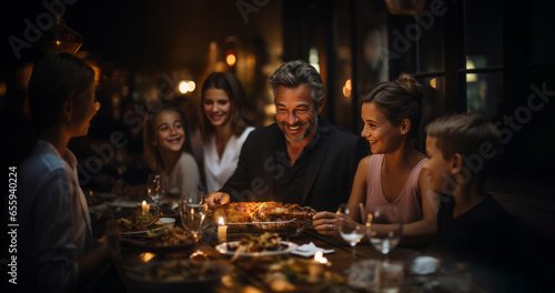 Happy smiling Family with Children around a table with a roasted Turkey for Thanksgiving - AI generated