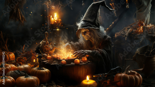 Old Witch with long grey hair and high pointed hat cooking weird recipe into a fire with many Pumpkins and Candles around her - AI generated