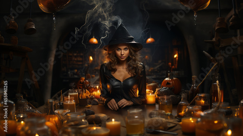 Young Sexy Witch with long hair and black dress in front of a table with many Candles and Sorcery ingredients - AI generated