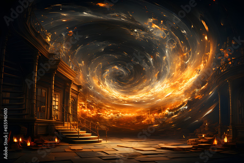  Old library, swirling vortex of light ,time-traveling journey. © mitarart