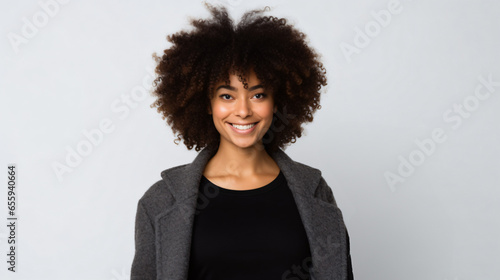 Portrait of happy young woman with afro hair, standing on white background