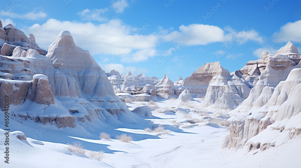 Badlands snow background: a serene and majestic illustration of snowy landscape with rocks and mountains