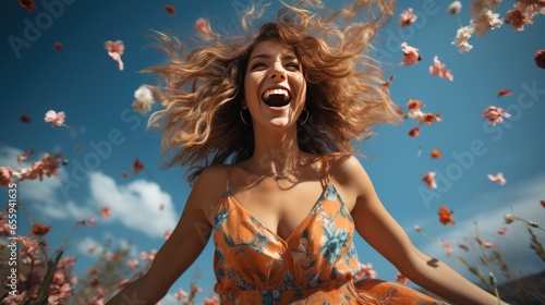 A female model in a dress jumping in the air on a sky background.