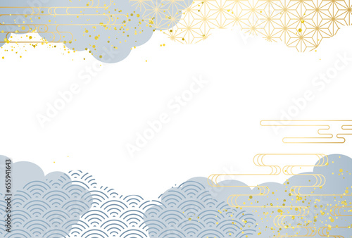 冬　和柄　高級感・青・金・雲　背景