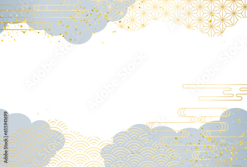 冬　和柄　高級感・青・金・雲　背景