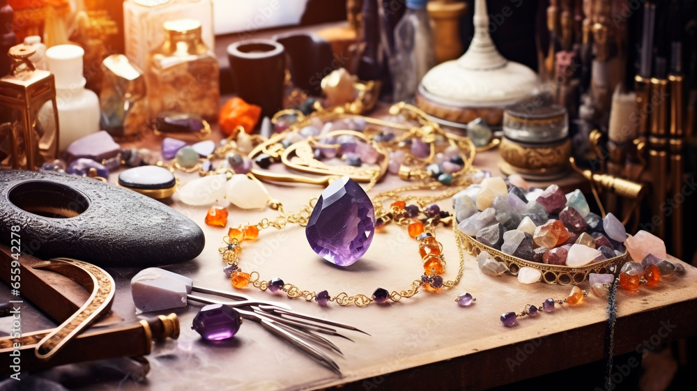 Realistic photo Jewelry making: Creation and sale of handmade jewelry made of precious and semi-precious stones. Generative AI