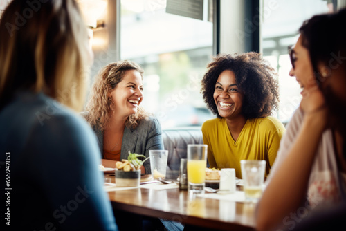 Happy smiling female friends sitting in a café laughing and talking during a lunch break