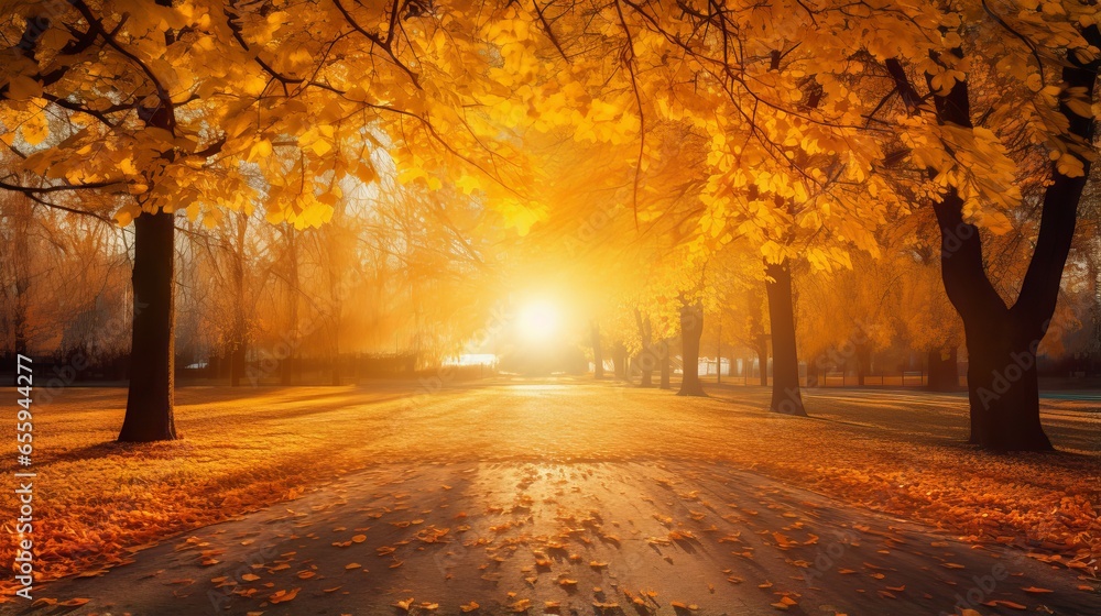 Autumn scenery with vibrant leaves and sunlight in the park
